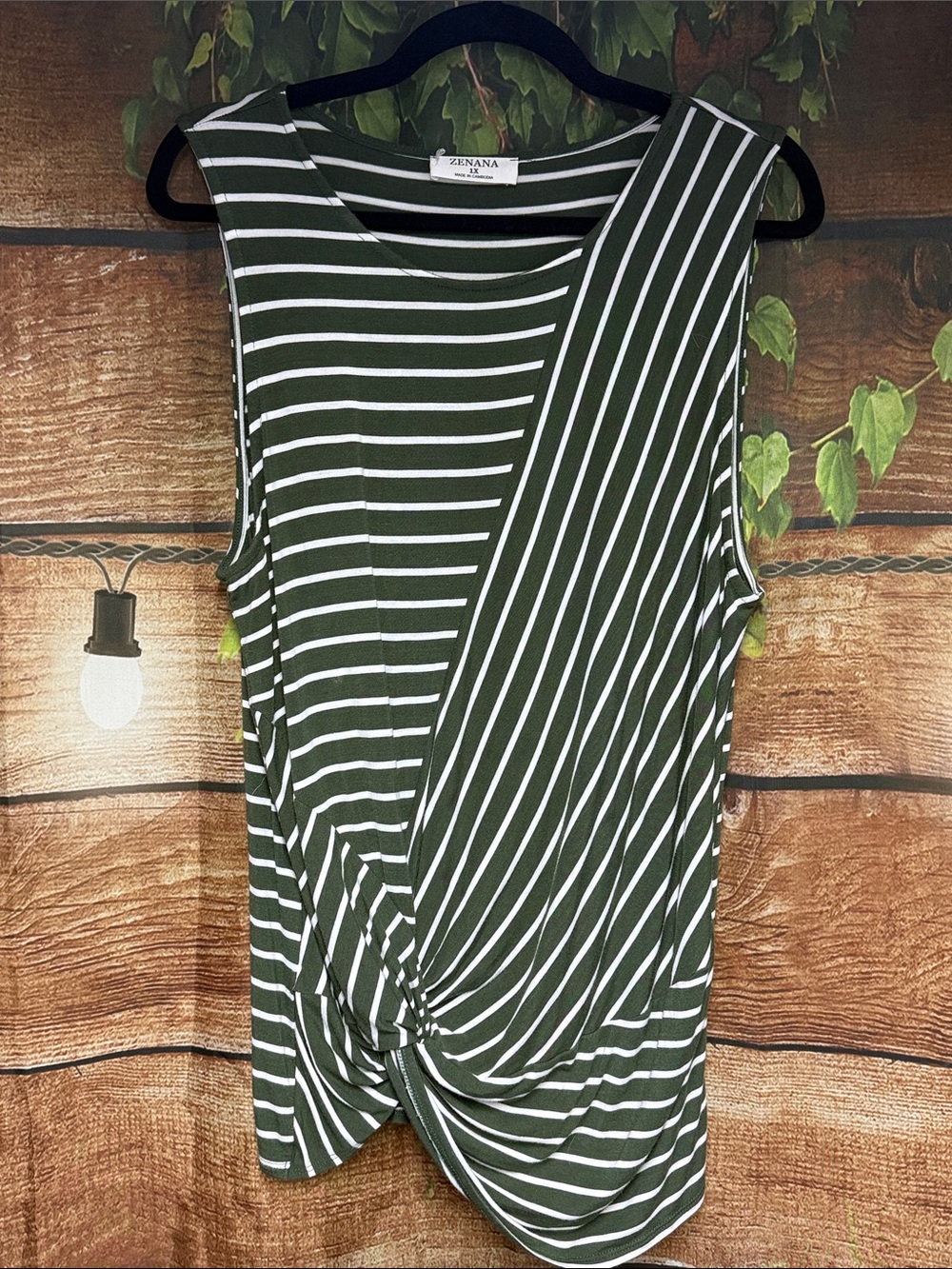 EUC Zenana Outfitters Olive Green and White Striped Twist-Front Tank